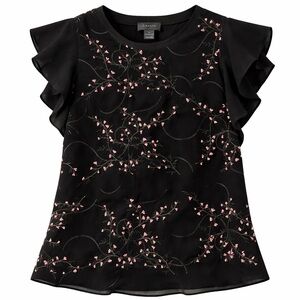 Gracia | Black Embroidered Floral Flutter Sleeve Top | L